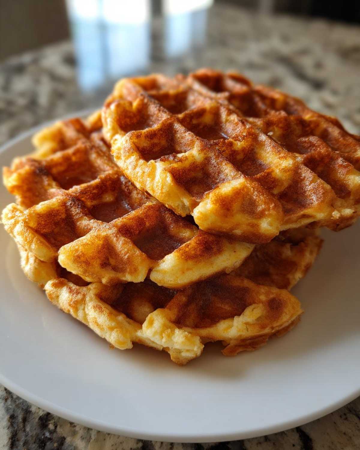 A close-up stack of golden brown, freshly made high protein waffles on a white plate.