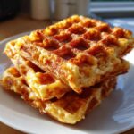 A close-up stack of three golden brown high protein waffles sitting on a white plate.