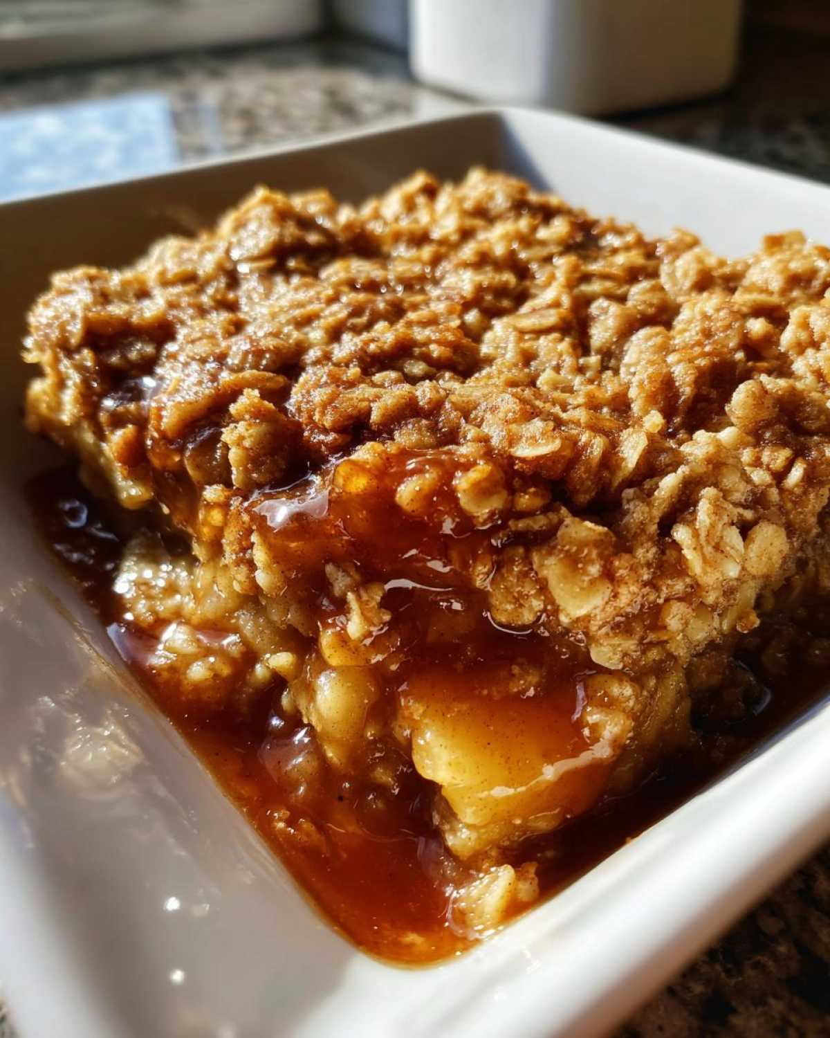 A close-up of a warm serving of apple crisp recipe showing a thick, gooey caramel sauce and crunchy oat topping.