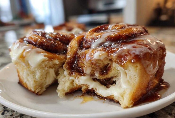 Two soft, gooey cinnamon rolls covered in caramel glaze and white frosting, one pulled apart to show the filling.