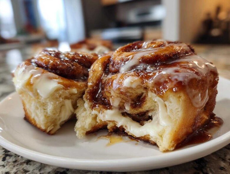 Two soft, gooey cinnamon rolls covered in caramel glaze and white frosting, one pulled apart to show the filling.