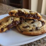 Close-up of homemade chocolate chip cookies, one broken open showing a molten, gooey chocolate center.
