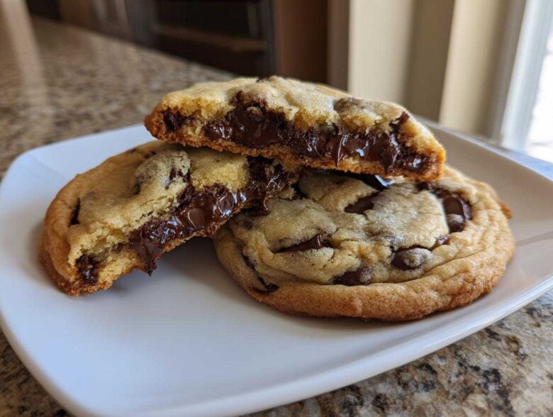 Close-up of homemade chocolate chip cookies, one broken open showing a molten, gooey chocolate center.