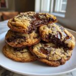 A stack of freshly baked homemade chocolate chip cookies with melted, gooey chocolate centers.