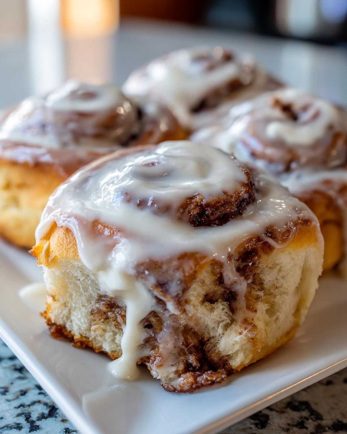 A close-up, mouth-watering shot of a freshly baked cinnamon roll covered in thick white icing.