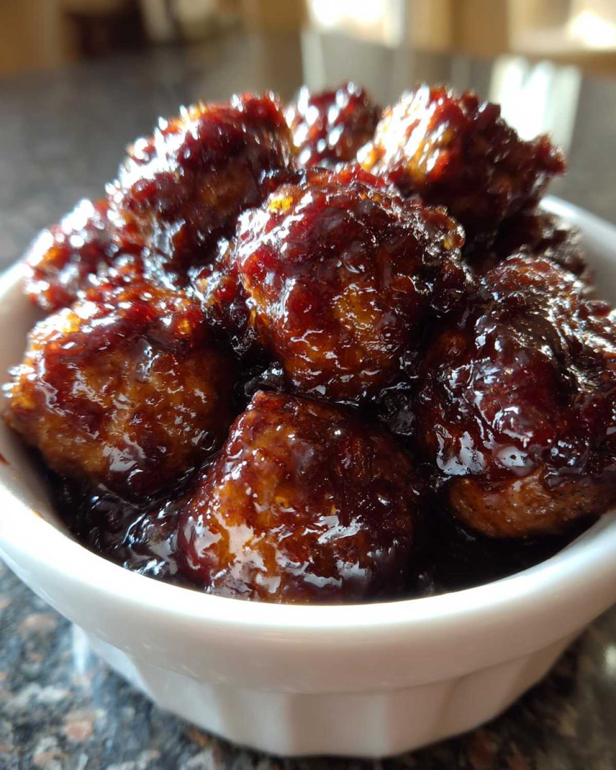 Close-up of savory Grape Jelly Meatballs coated in a thick, dark, glossy sauce in a white serving bowl.