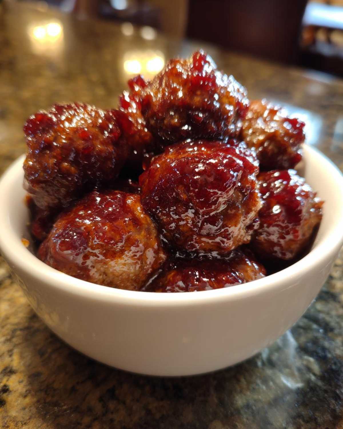 A close-up of several glossy Grape Jelly Meatballs coated in a thick, dark glaze, served in a small white bowl.
