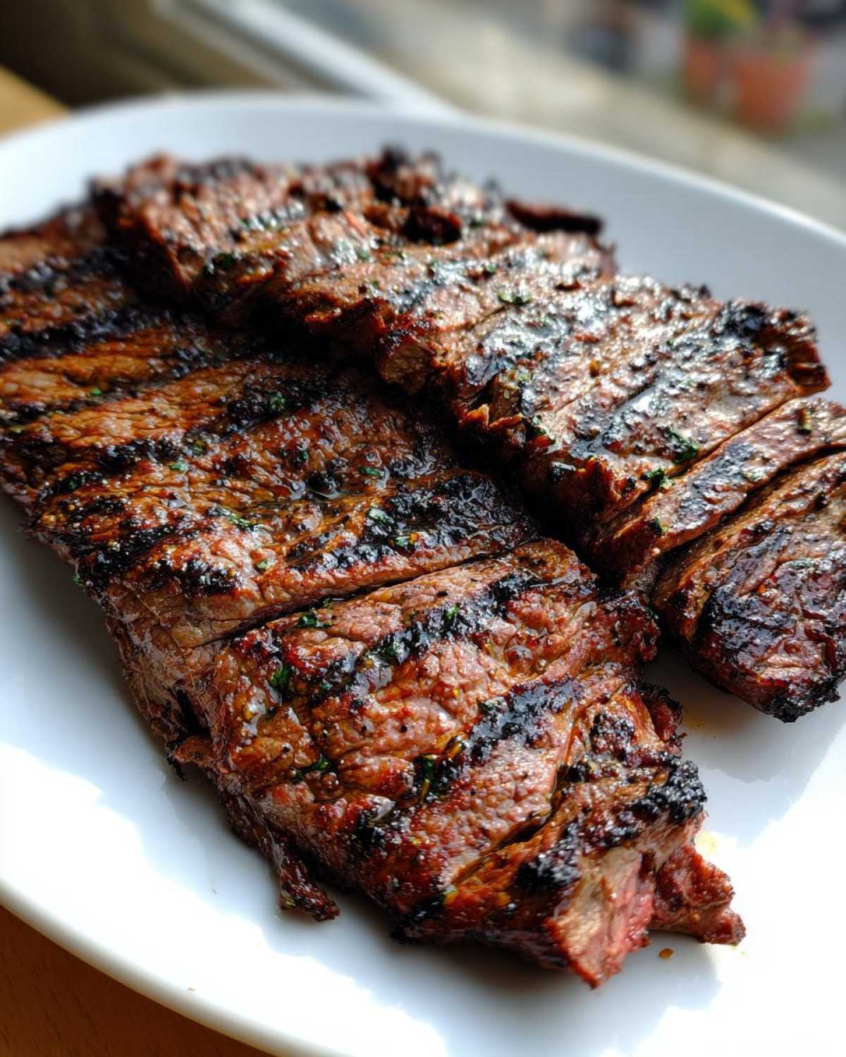 Close-up of sliced, grilled steak showing char marks, likely prepared with carne asada marinade.
