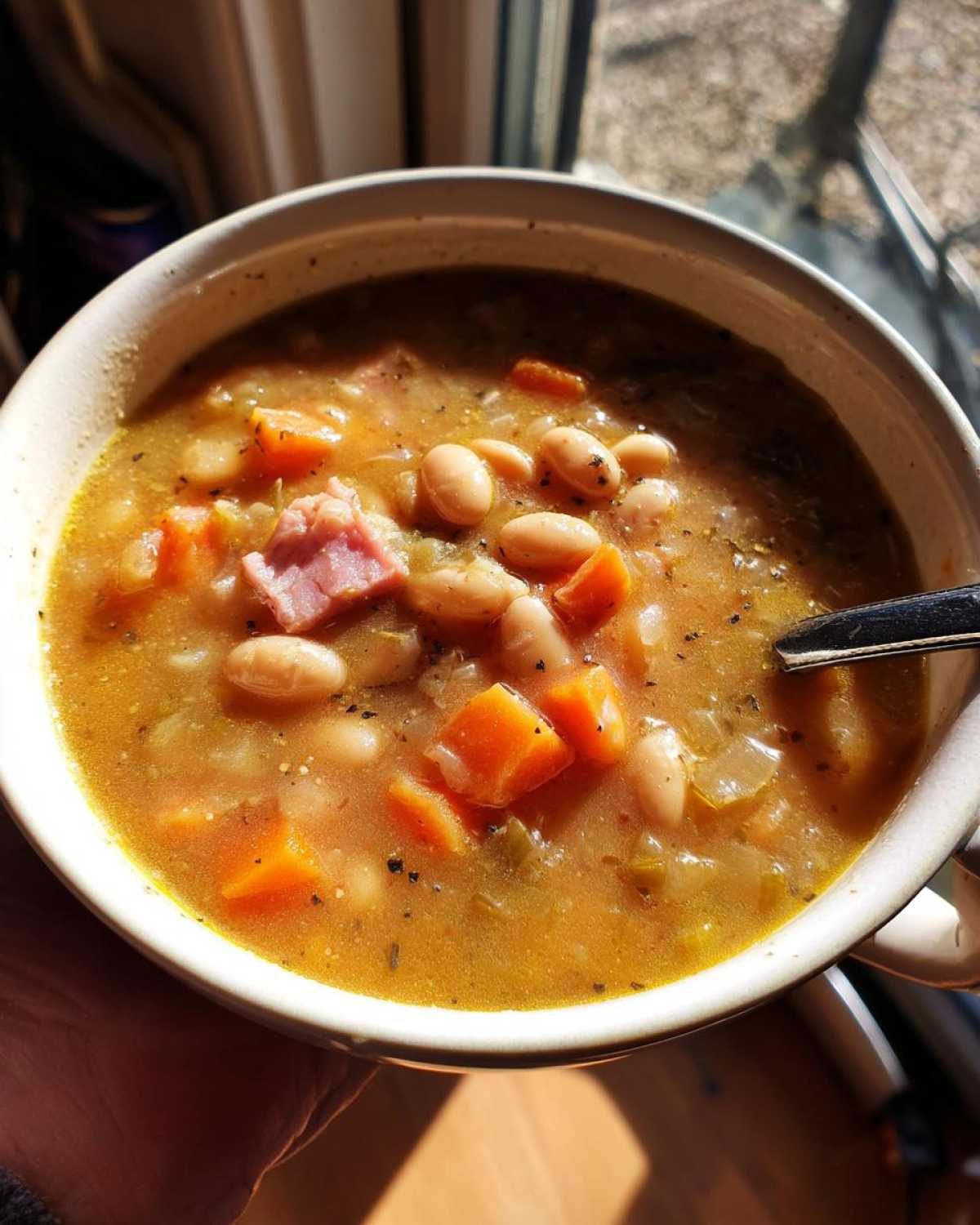 Close-up of a steaming bowl of Ham and bean soup, featuring white beans, diced ham, and carrots in a savory broth.