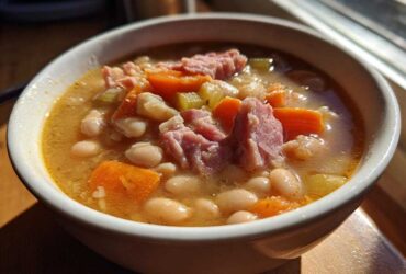 Close-up of a steaming bowl of Ham and bean soup featuring white beans, chunks of ham, carrots, and celery.