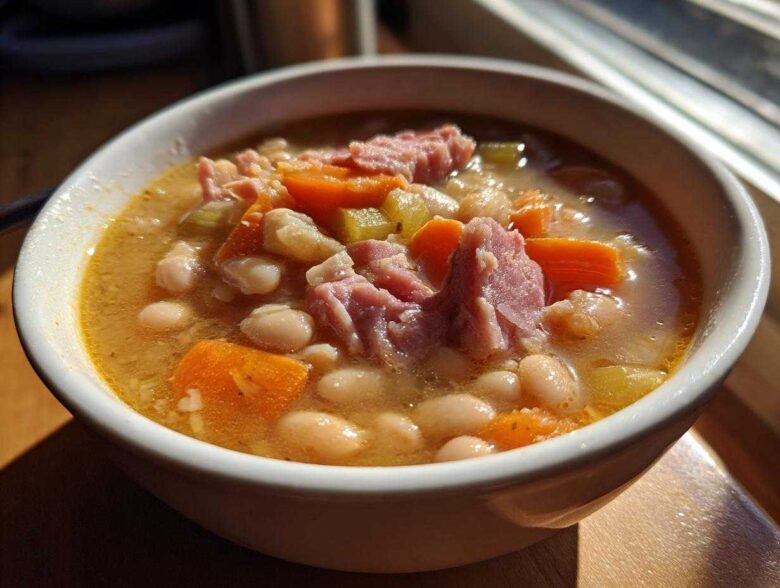 Close-up of a steaming bowl of Ham and bean soup featuring white beans, chunks of ham, carrots, and celery.