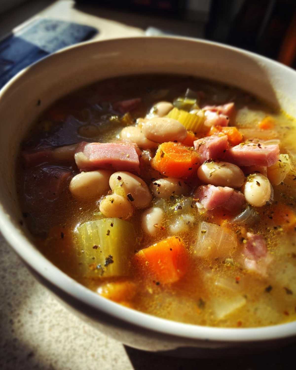 Close-up of a warm bowl of Ham and bean soup featuring white beans, diced ham, carrots, and celery.
