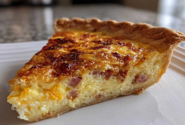 A close-up of a golden-brown slice of ham and cheese quiche on a white plate.