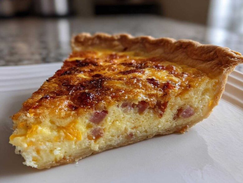 A close-up of a golden-brown slice of ham and cheese quiche on a white plate.