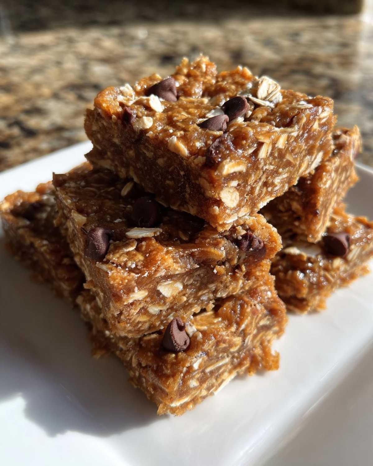 A stack of chewy, homemade protein bars studded with oats and chocolate chips, ready to eat.