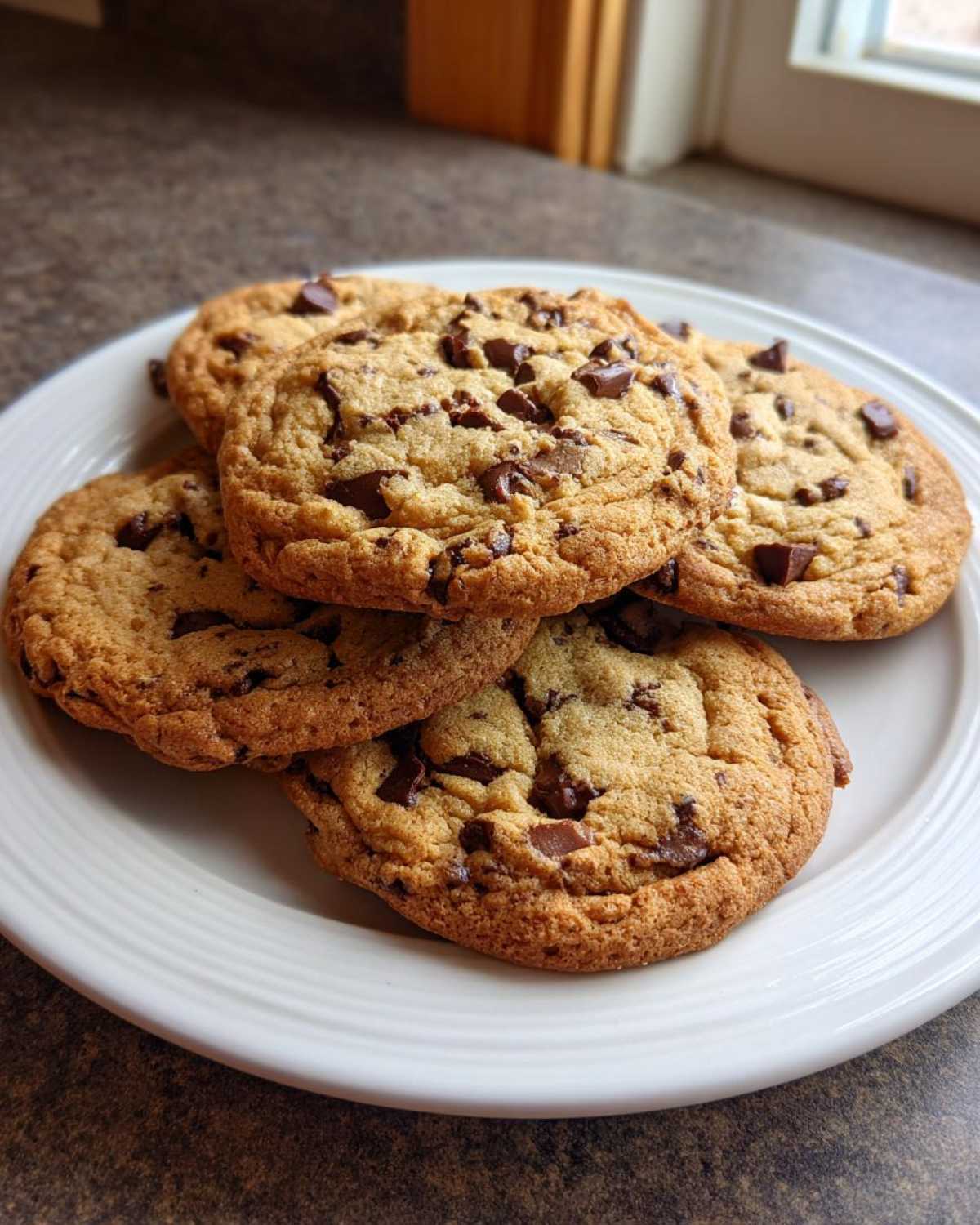 A stack of perfectly baked homemade chocolate chip cookies with melted chocolate chunks on a white plate.