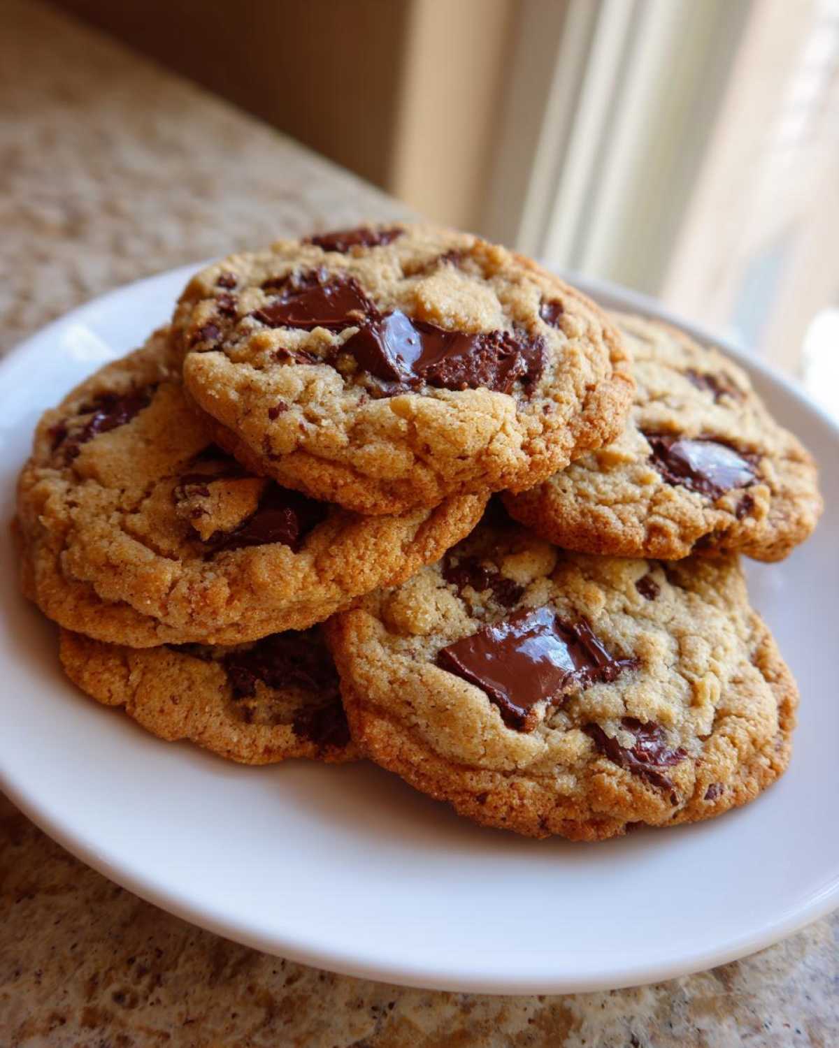 A stack of freshly baked homemade chocolate chip cookies with melted chocolate chunks on a white plate.