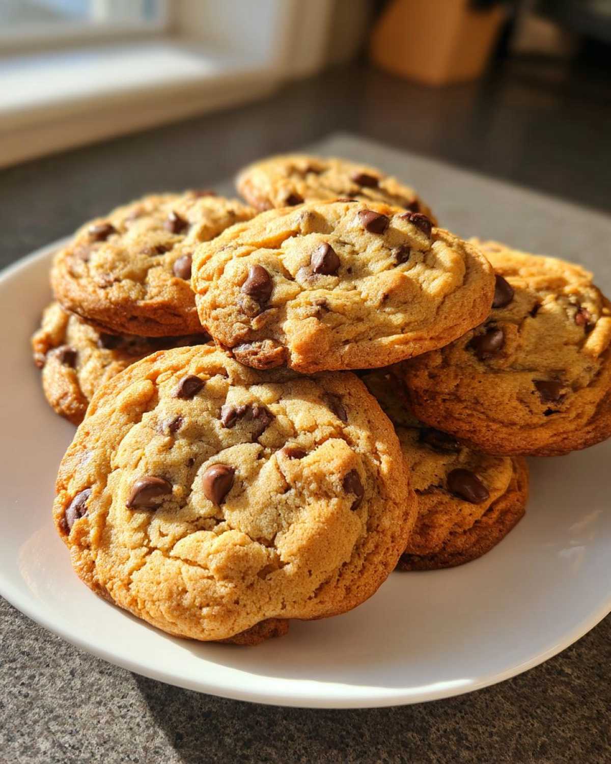 A close-up of several golden brown homemade chocolate chip cookies piled on a white plate.