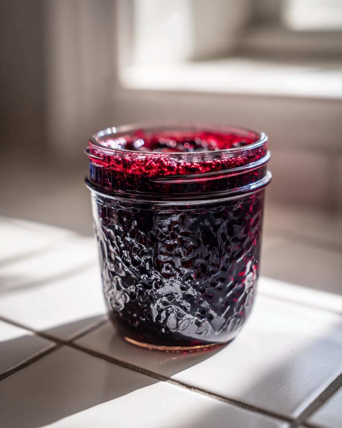 A jar filled with dark, rich elderberry syrup recipe mixture sitting on a white tiled surface near a window.