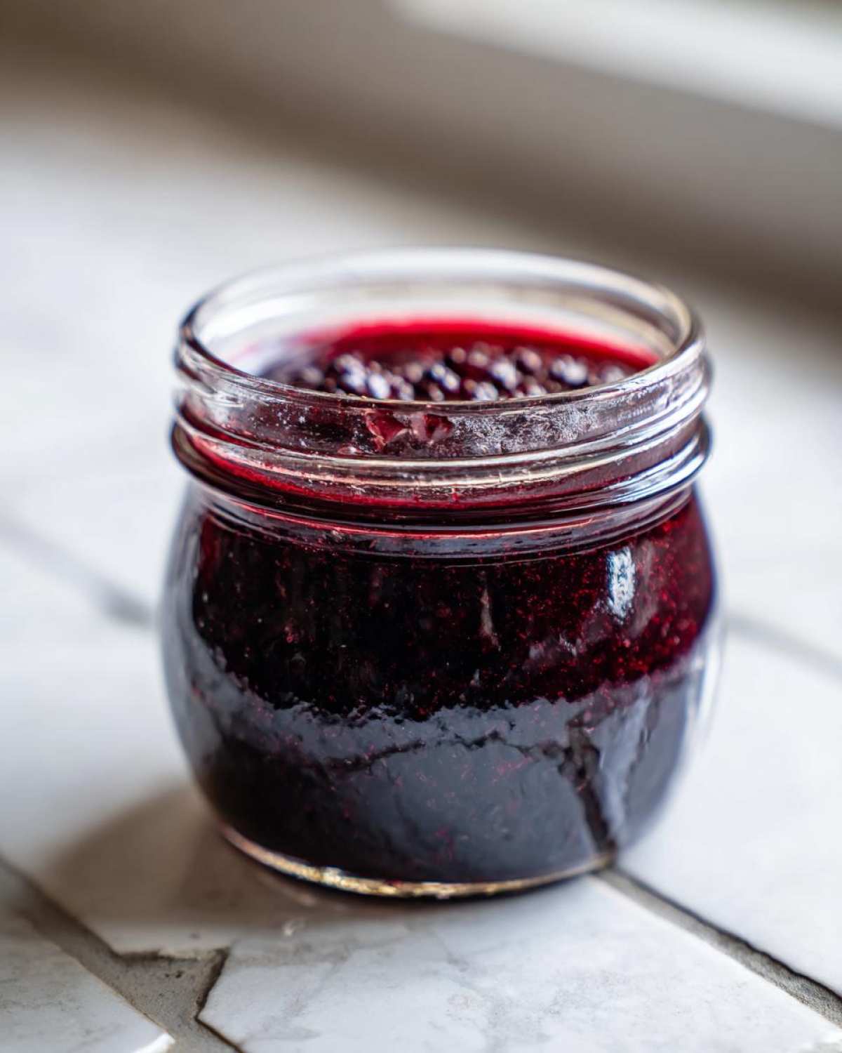 A small glass jar filled with dark, rich elderberry syrup recipe, sitting on a light tiled surface.