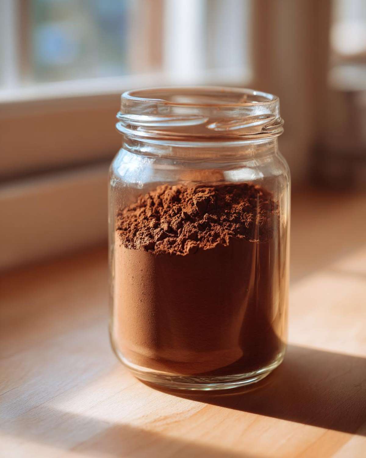 A clear glass jar filled with rich brown homemade hot cocoa mix sitting on a wooden surface.