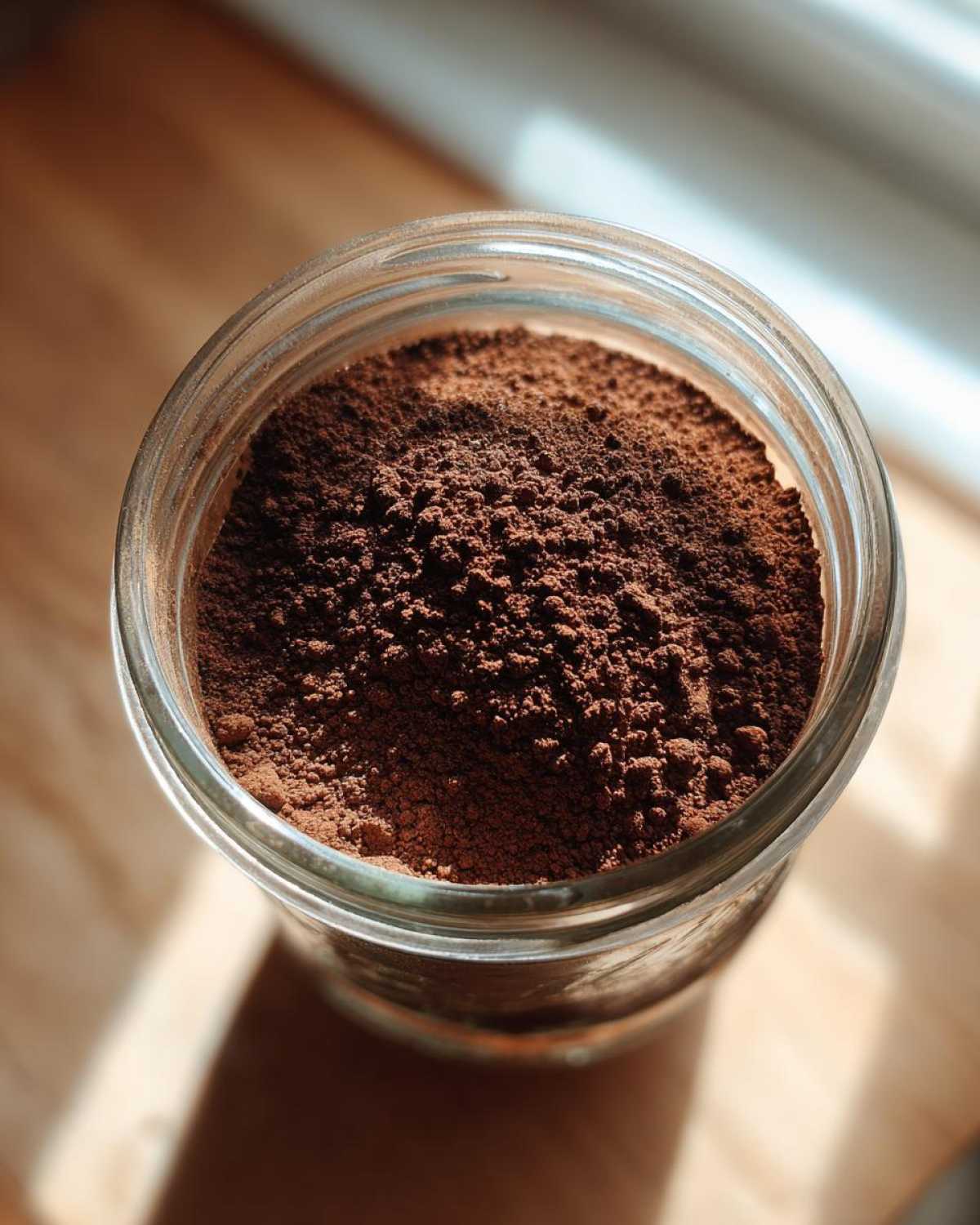 Overhead view of rich, dark brown homemade hot cocoa mix filling a clear glass jar.