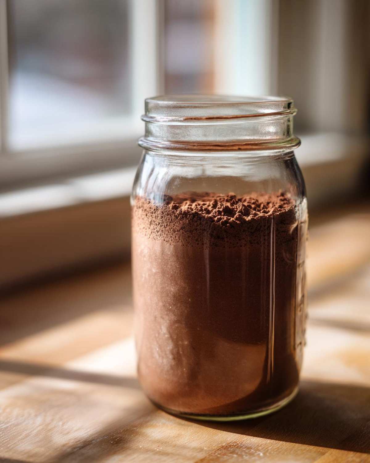 A glass mason jar filled with homemade hot cocoa mix powder sitting on a wooden surface near a window.