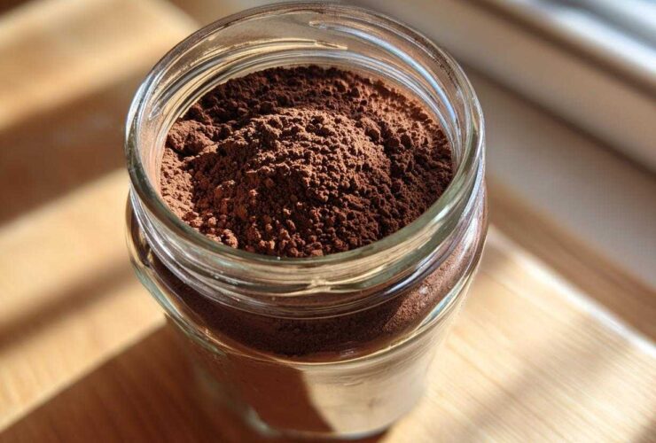Close-up of rich brown homemade hot cocoa mix powder filling a clear glass jar.