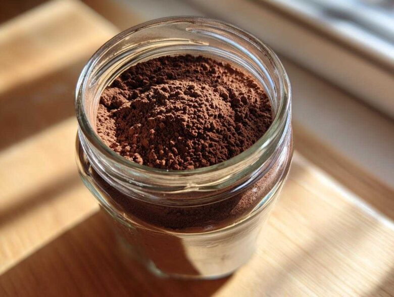 Close-up of rich brown homemade hot cocoa mix powder filling a clear glass jar.