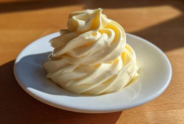 A beautiful swirl of creamy, pale yellow homemade mayonnaise piped onto a small white saucer.