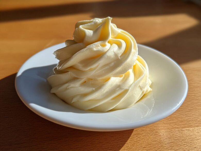 A beautiful swirl of creamy, pale yellow homemade mayonnaise piped onto a small white saucer.