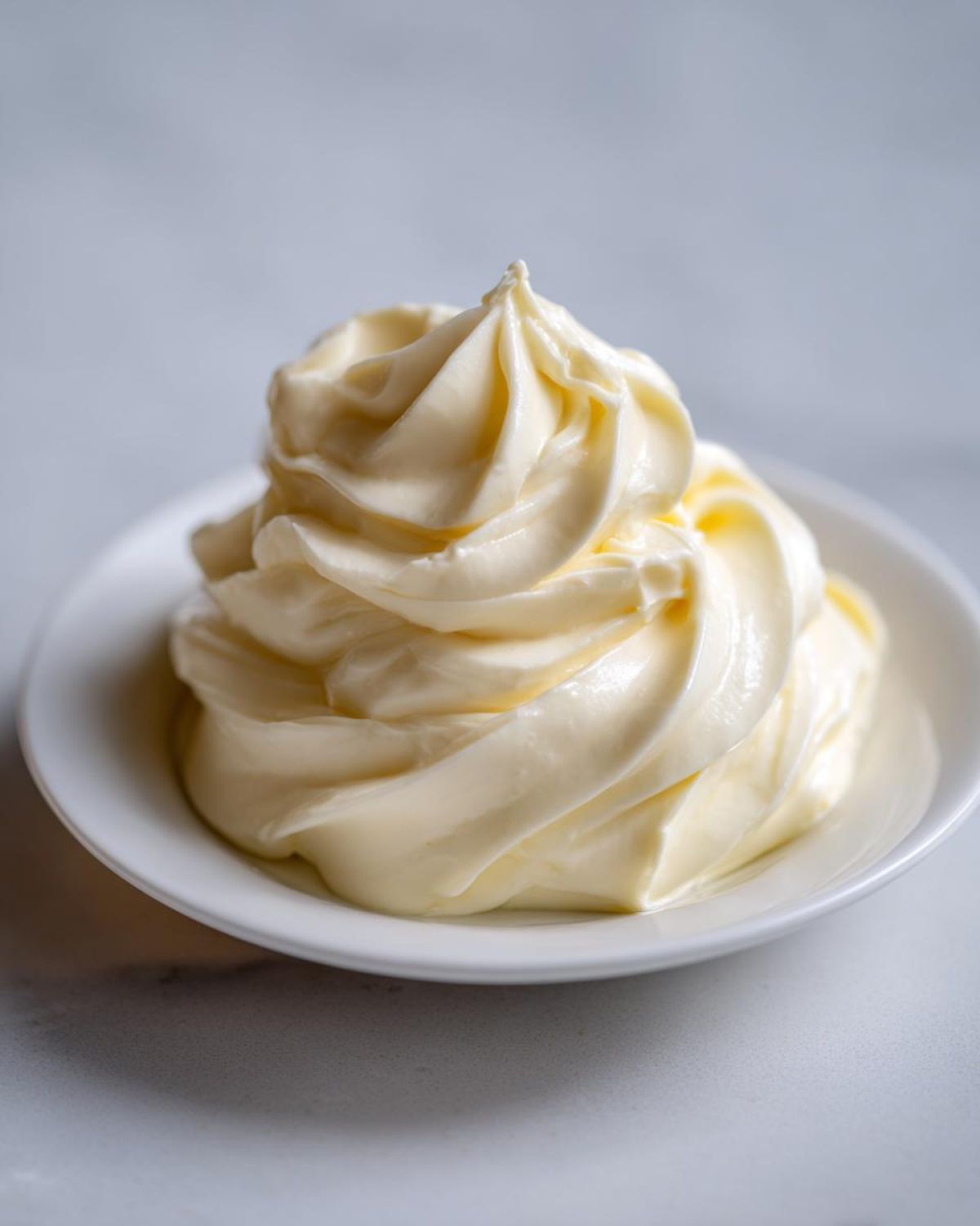 A beautiful swirl of creamy, pale yellow homemade mayonnaise presented in a small white bowl.