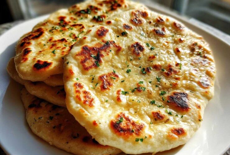 A stack of freshly made, golden homemade naan bread topped with melted butter and chopped parsley.