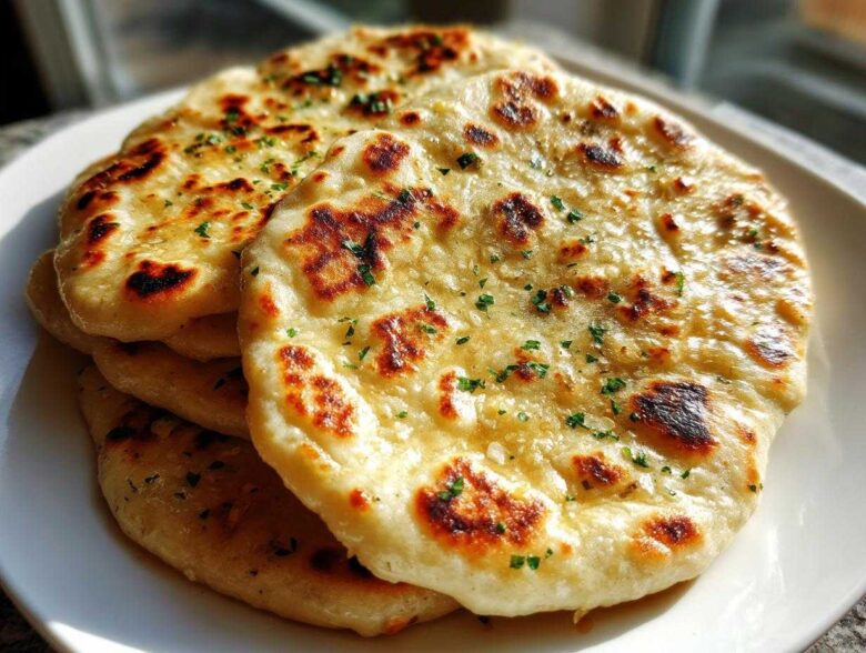 A stack of freshly made, golden homemade naan bread topped with melted butter and chopped parsley.