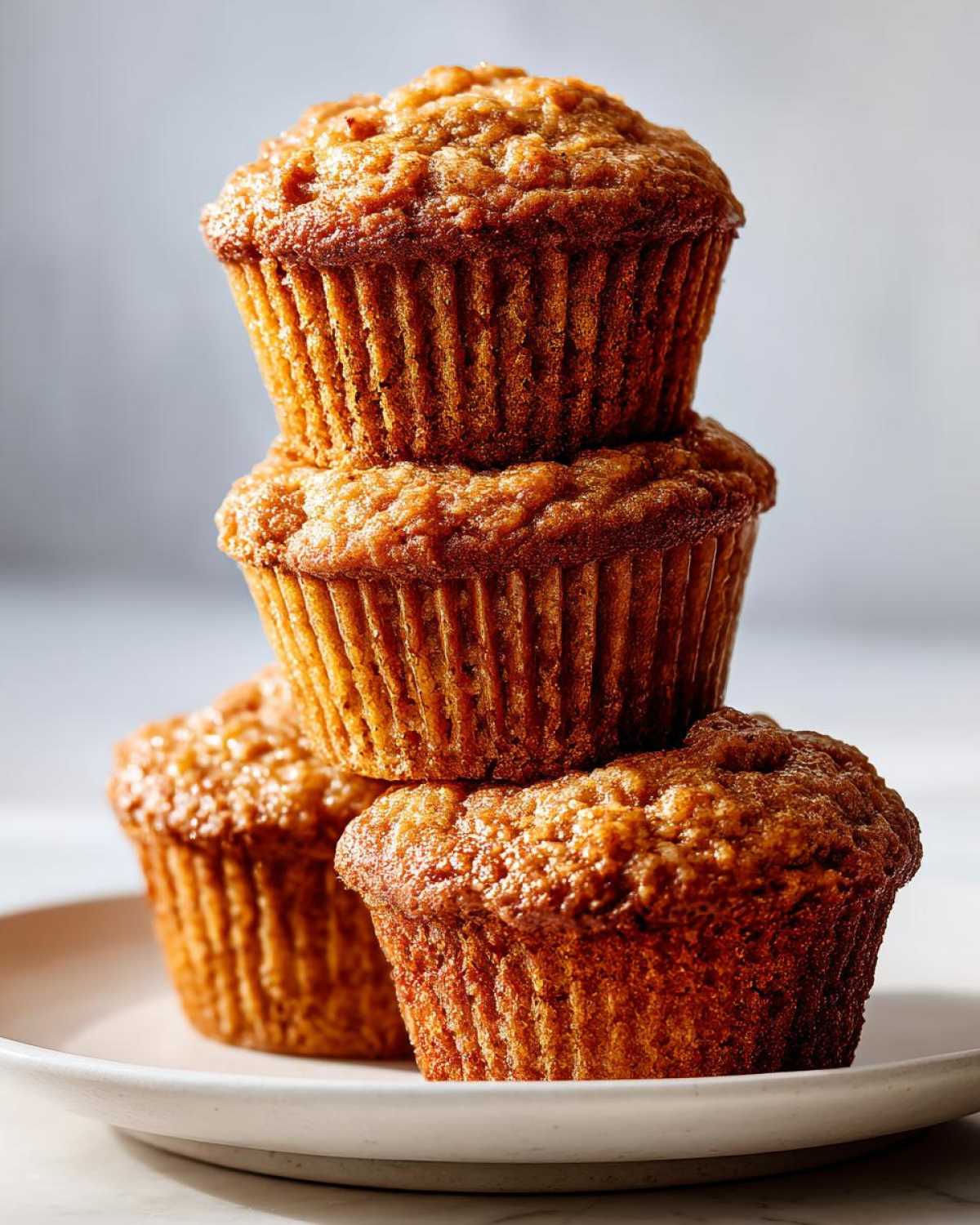 A stack of four freshly baked, golden brown honey bran muffins sitting on a white plate.