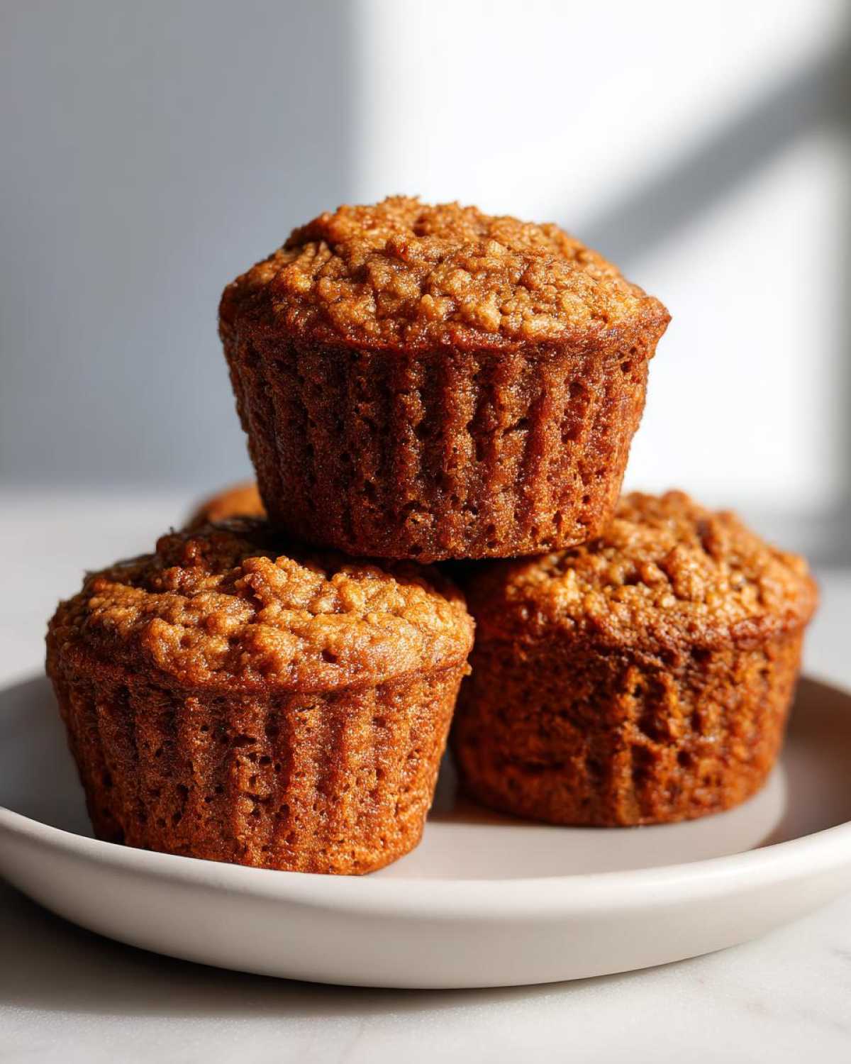 Three golden brown honey bran muffins stacked on a light plate, showing textured tops.