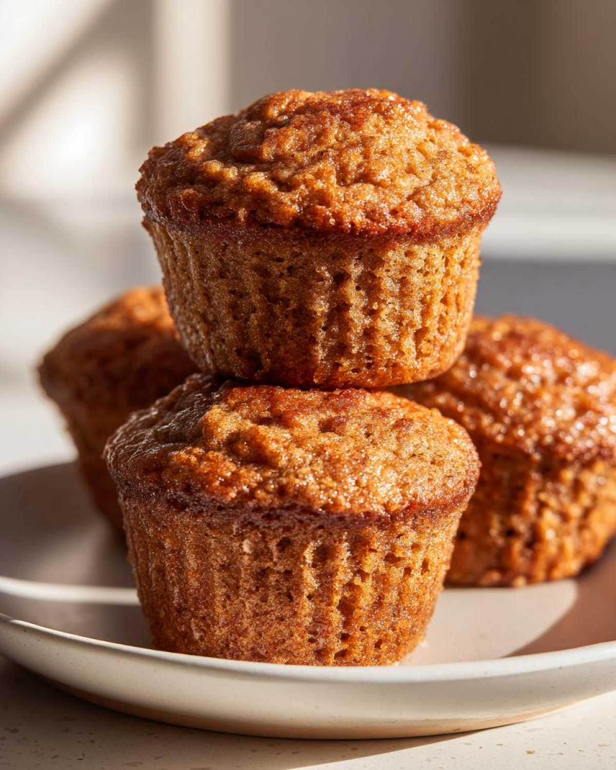 A close-up stack of three moist, golden brown honey bran muffins sitting on a light plate.