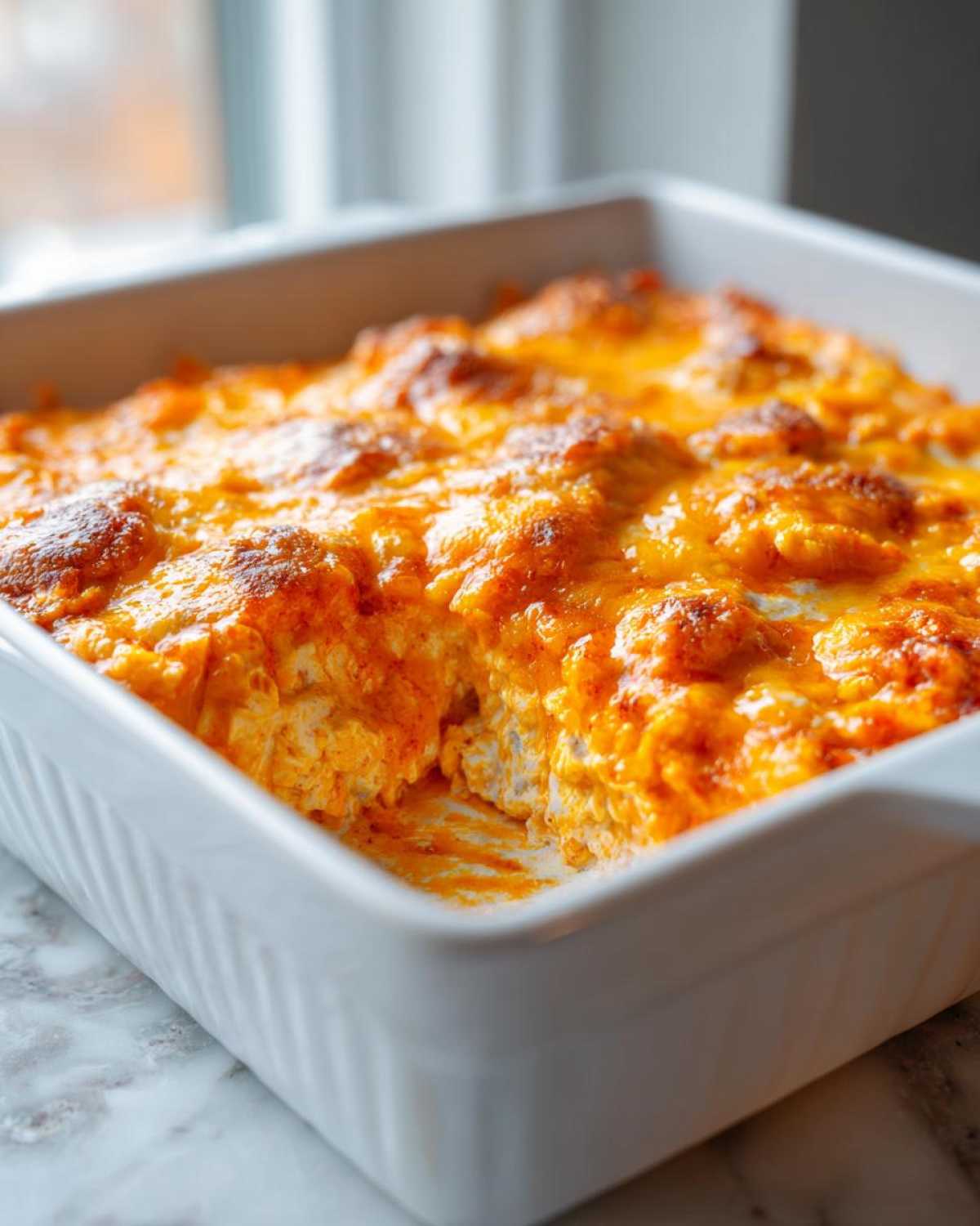 Close-up of hot, cheesy Buffalo chicken dip bubbling in a white rectangular baking dish.