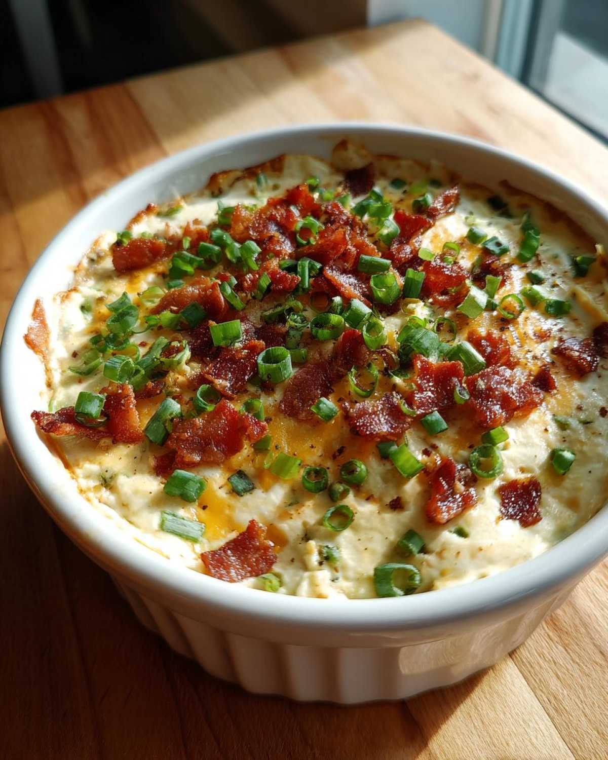A close-up of warm Million Dollar Dip in a white ramekin, topped generously with crispy bacon bits and fresh green onions.