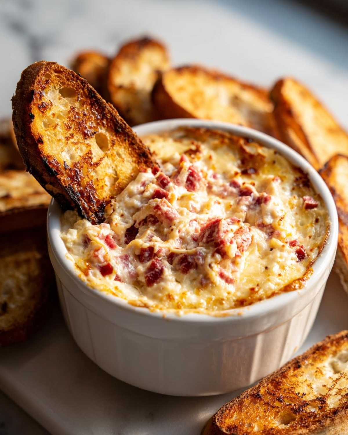 A scoop of hot, cheesy reuben dip with visible pieces of corned beef being dipped into by a piece of toasted bread.