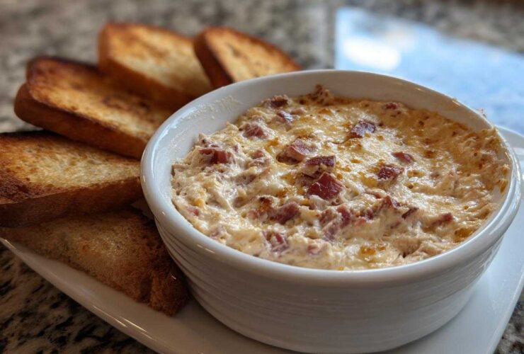 Close-up of a hot, cheesy reuben dip in a white bowl served with toasted rye bread slices.