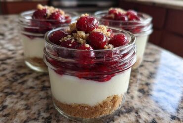 Three individual servings of Protein Cheesecake in small glass jars, layered with crust, creamy filling, and topped with cherry compote and crumble.