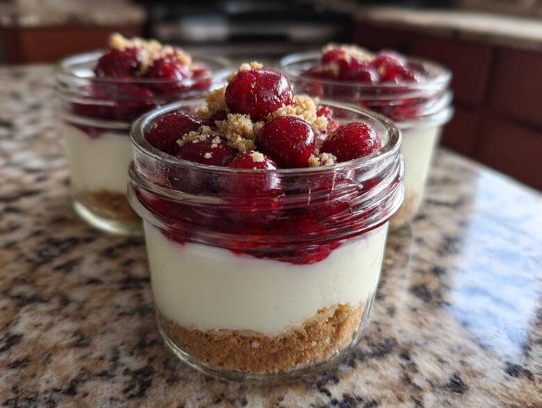 Three individual servings of Protein Cheesecake in small glass jars, layered with crust, creamy filling, and topped with cherry compote and crumble.