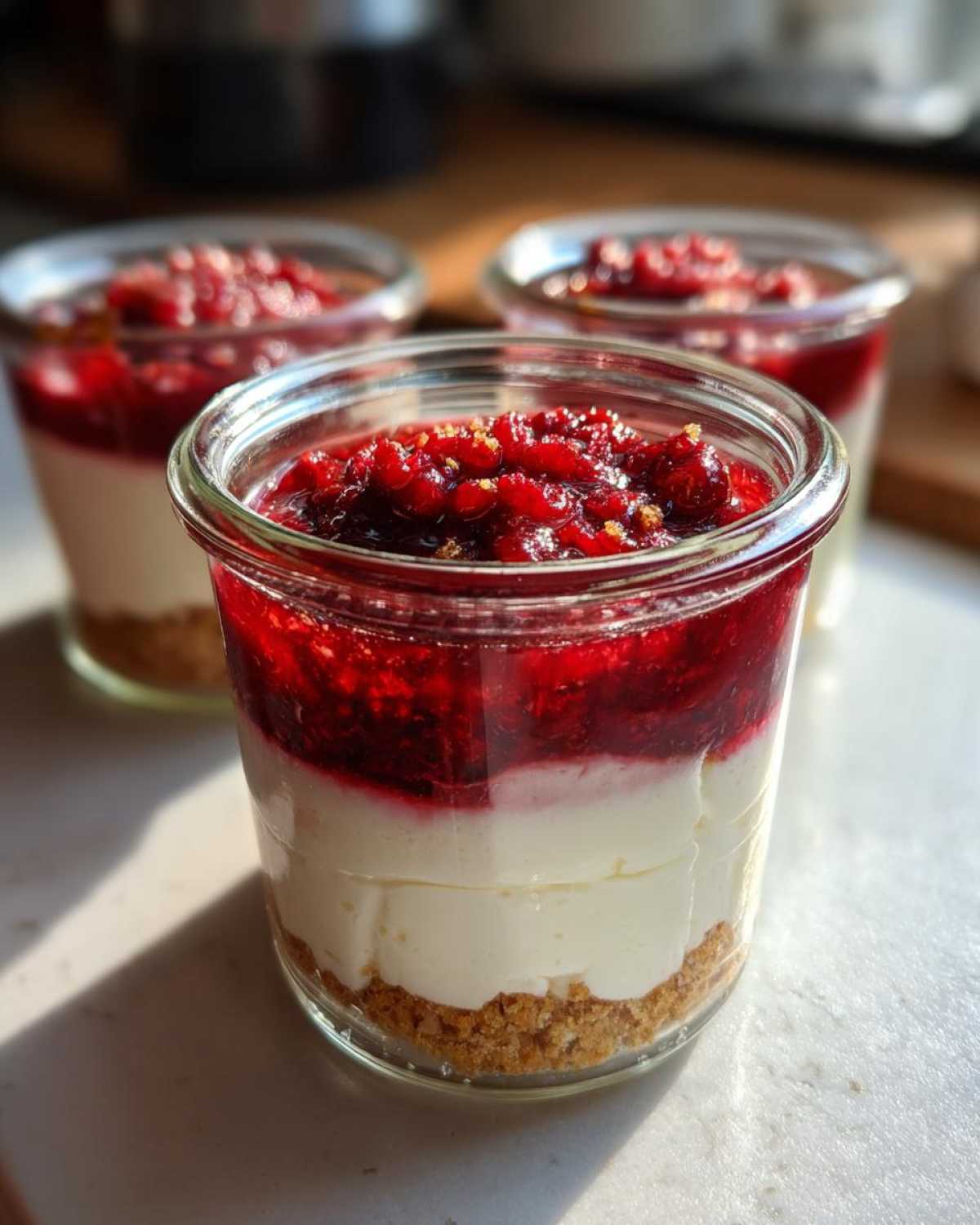 Close-up of a layered Protein Cheesecake in a glass jar, featuring a crust, creamy filling, and bright red berry topping.