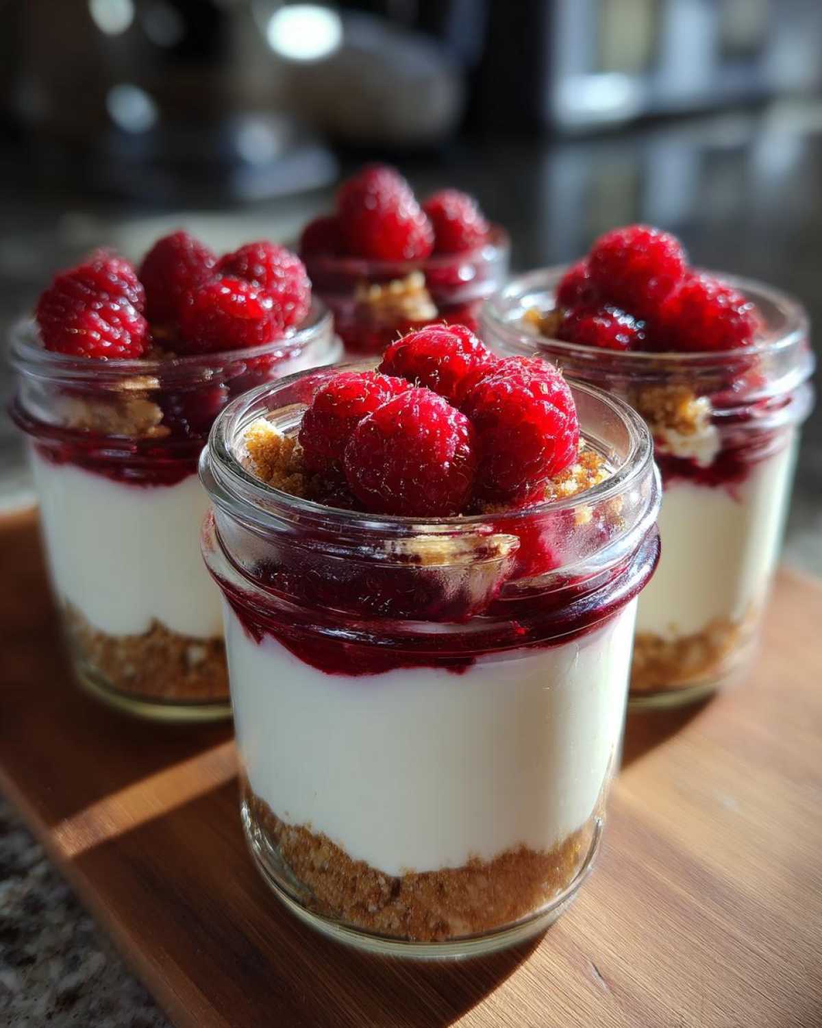 Four individual servings of layered Protein Cheesecake in small glass jars topped with graham cracker crust and topped with fresh mixed berries.