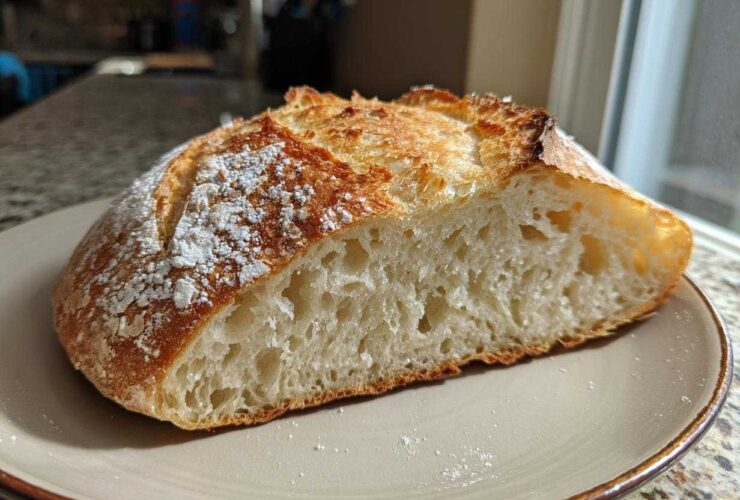 A close-up of a slice of amazing italian bread showing an airy crumb structure and golden, dusted crust.