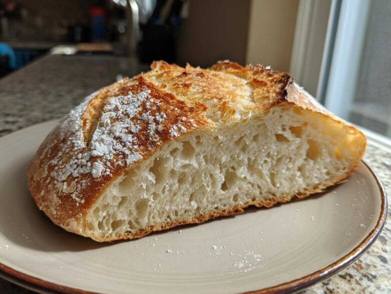 A close-up of a slice of amazing italian bread showing an airy crumb structure and golden, dusted crust.