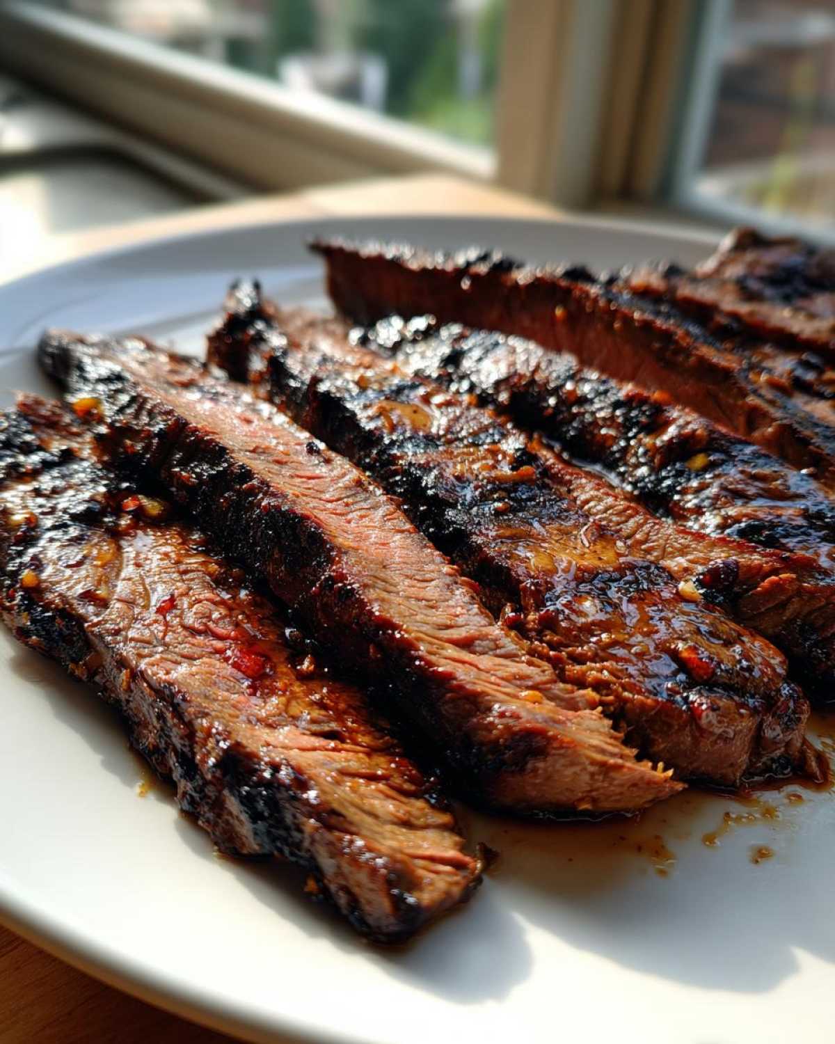 Close-up of perfectly grilled and sliced steak showing a juicy interior, coated in the rich Carne asada marinade.
