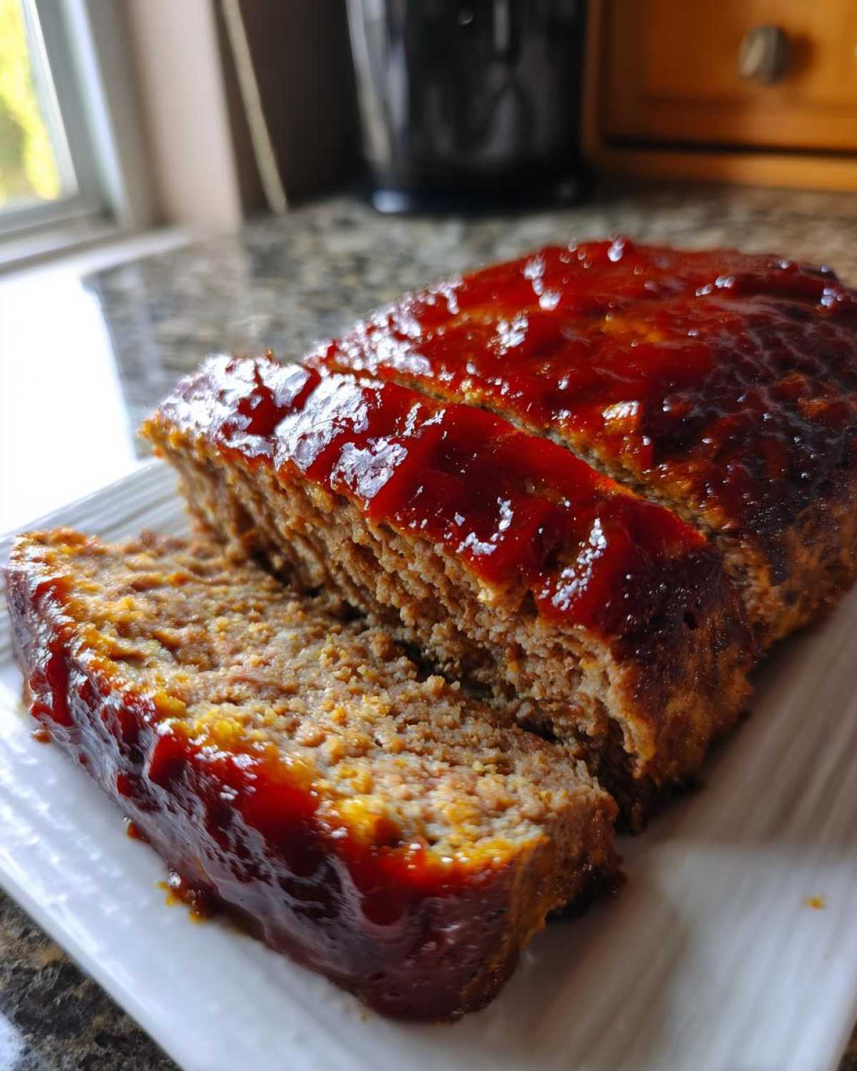 Close-up of a moist, sliced meatloaf topped with a thick, shiny red glaze.