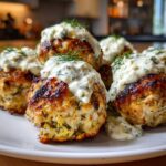 Close-up of several golden-brown greek chicken meatballs topped with a creamy tzatziki-style sauce and fresh dill.